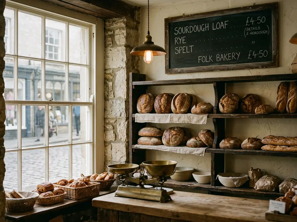 Interior of an independent bakery: wooden shelves of sourdough loaves, brass scales and a handwritten chalkboard in warm morning light.
