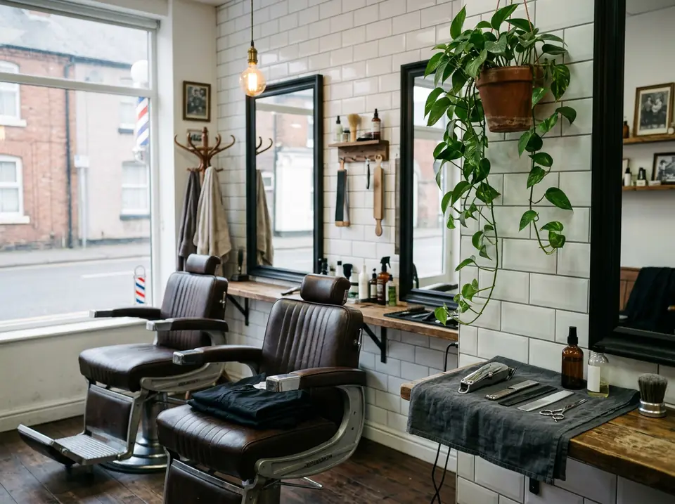 Interior of an independent barbershop: two vintage leather chairs, white metro tiles, black-framed mirrors and a trailing plant.