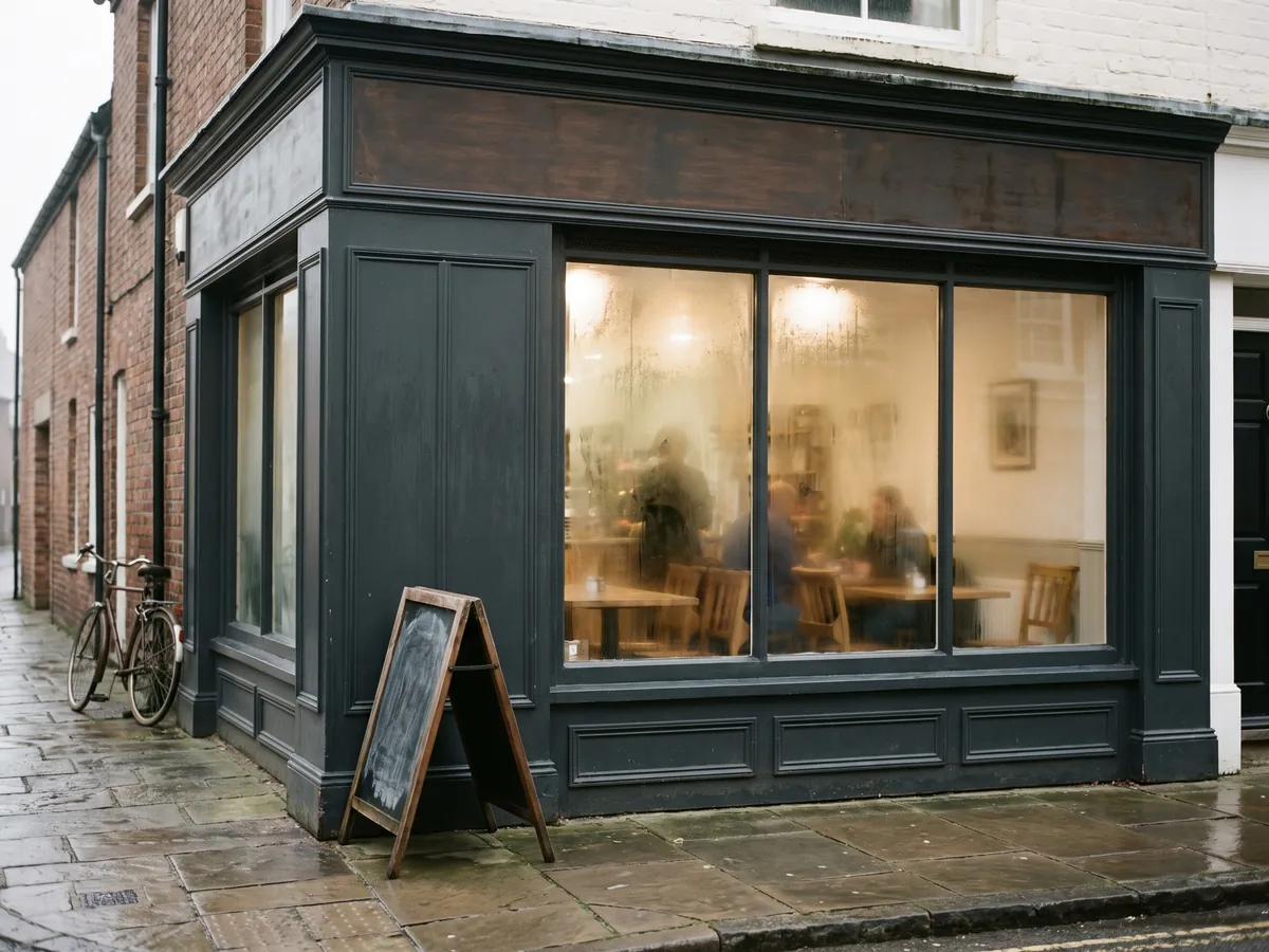 The dark-painted corner shopfront of a small caf&eacute; on a wet market-town street, warm light in the window.