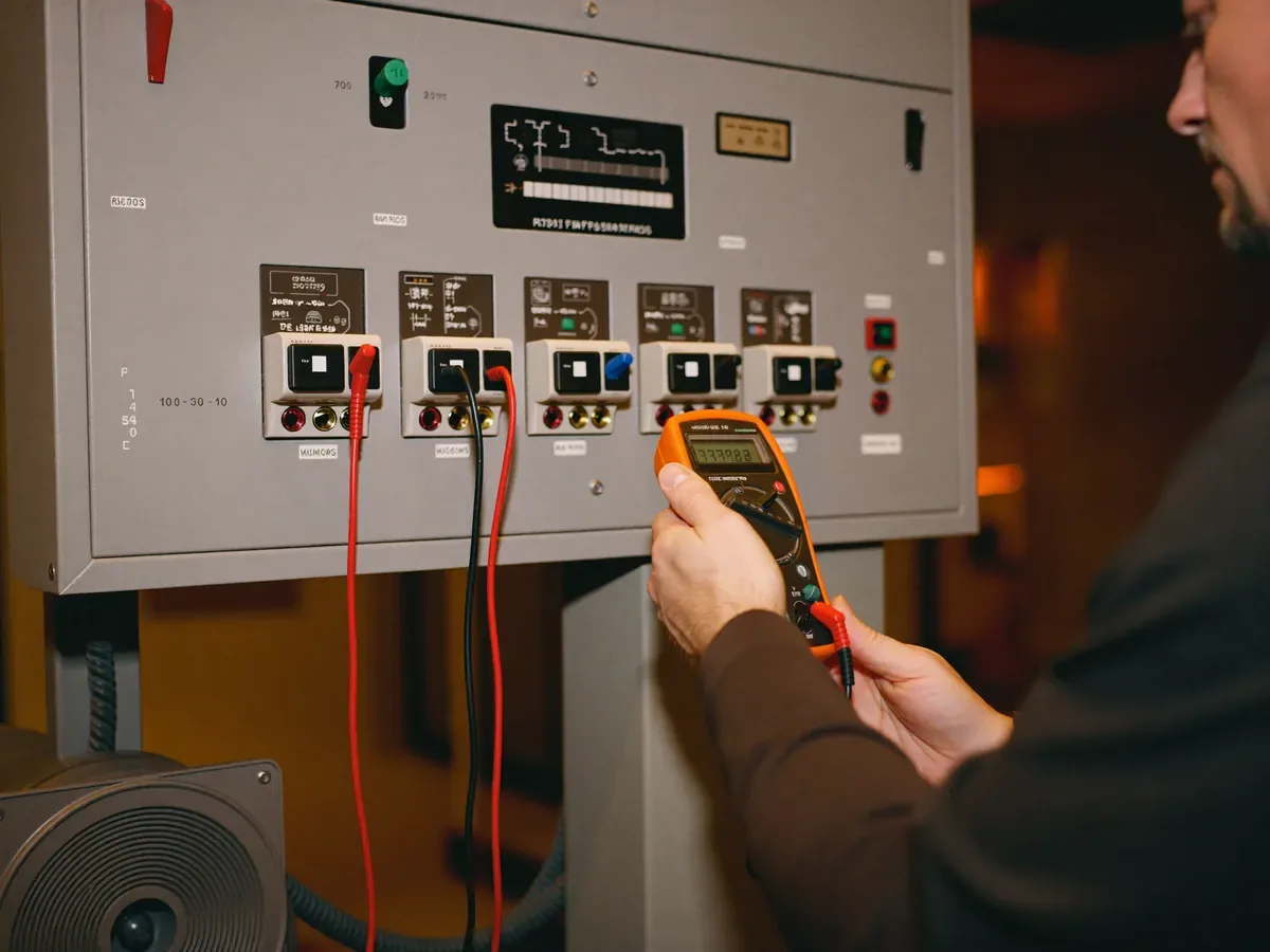An electrician testing a three-phase distribution board with a multimeter in a warmly lit plant room.