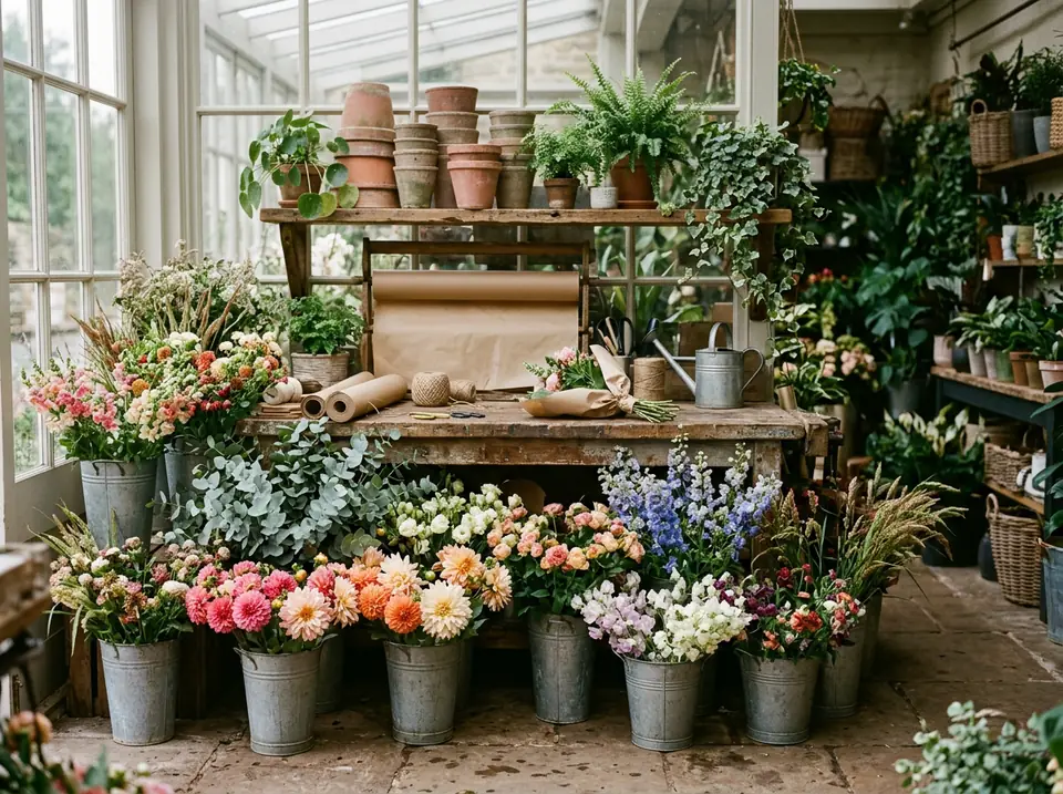 Interior of an independent florist: zinc buckets of seasonal flowers, eucalyptus, brown paper and twine on a worn workbench.