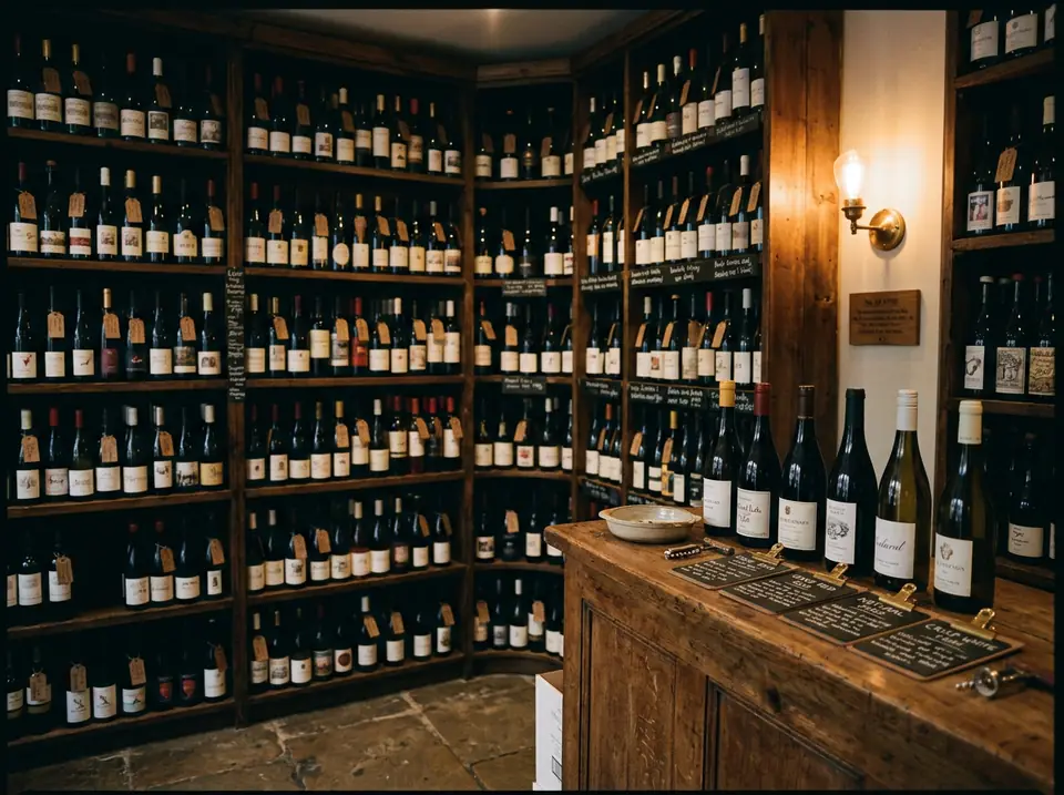 Interior of an independent wine shop: floor-to-ceiling timber racking of bottles with handwritten tasting cards and a worn oak counter.
