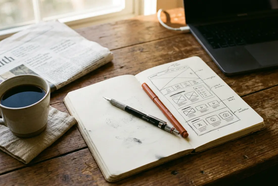 A designer's desk in warm afternoon light: an open notebook with hand-drawn website wireframes, a pencil, a marker and a cup of black coffee.