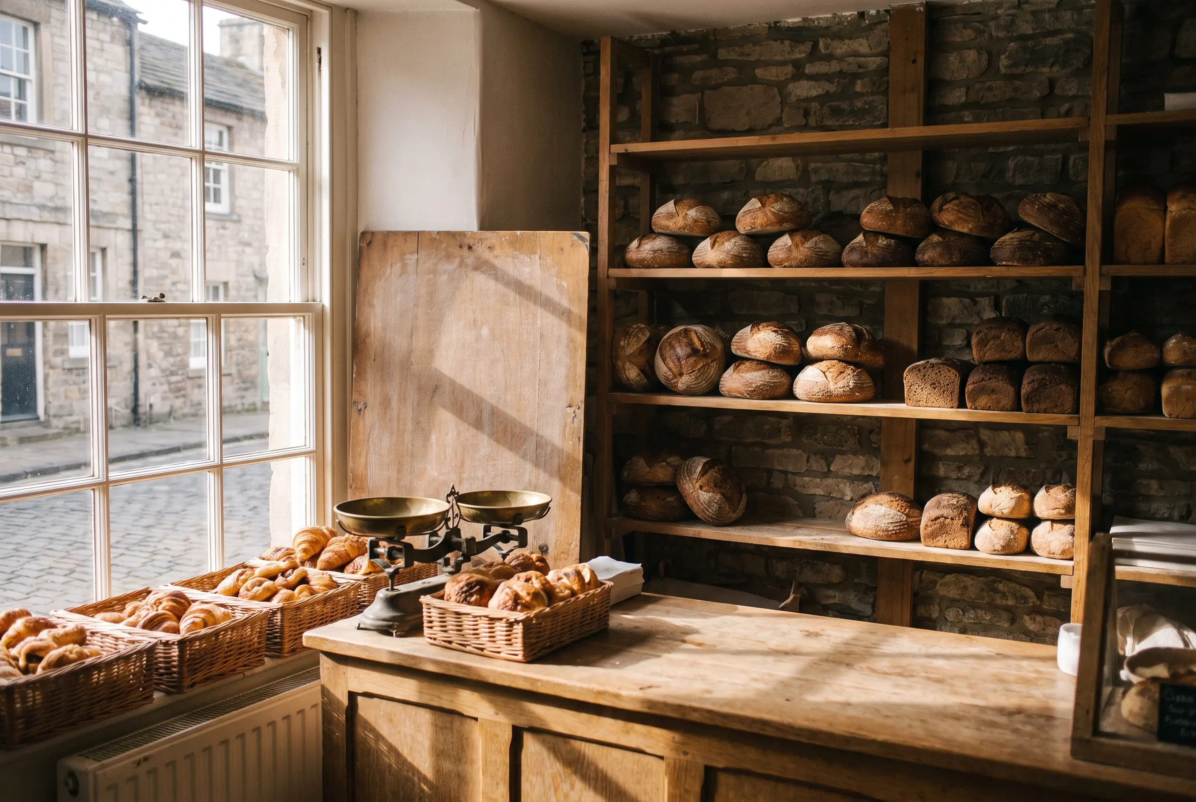 Interior of an independent bakery: sourdough loaves on rustic wooden shelves, brass scales on the counter and a sash window onto a cobbled street.