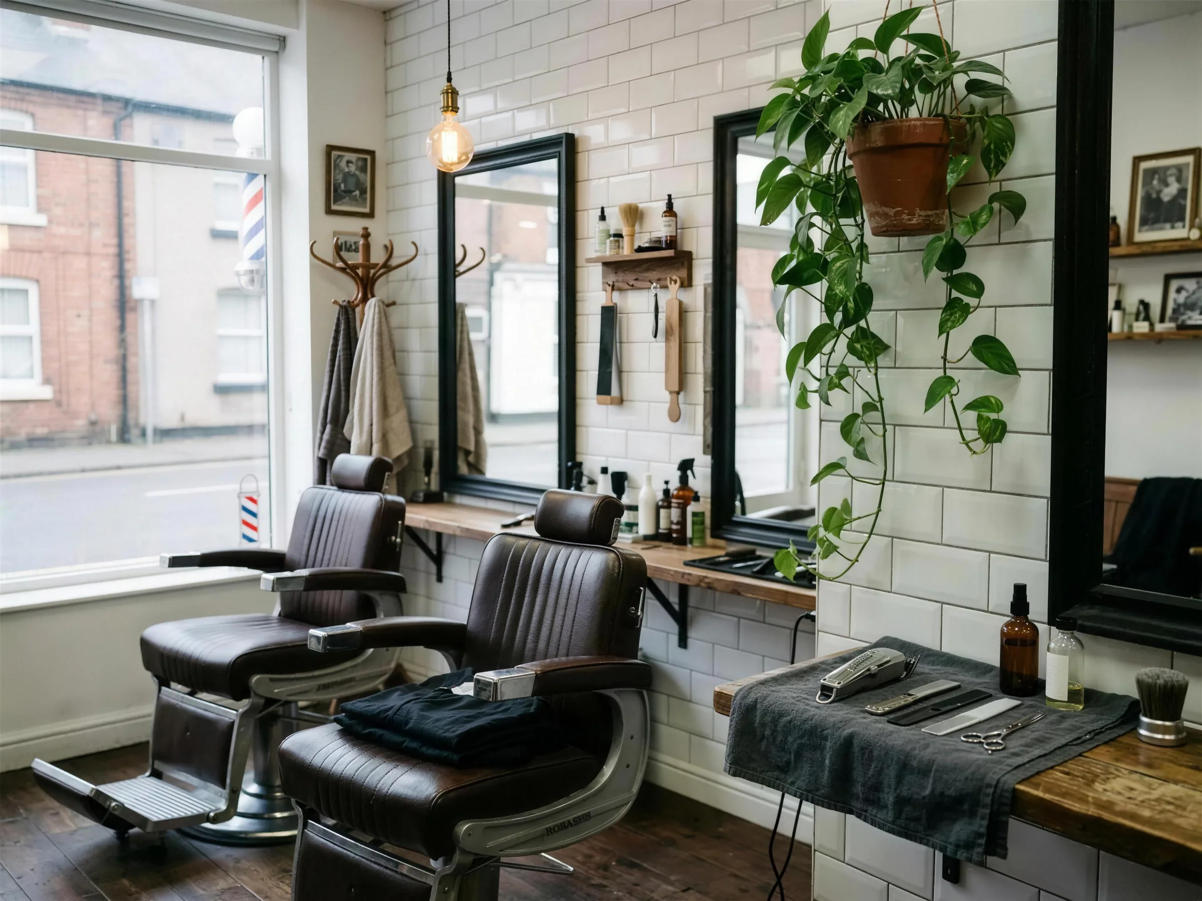 Interior of an independent barbershop: two vintage leather chairs, white metro tiles, black-framed mirrors and a trailing plant.