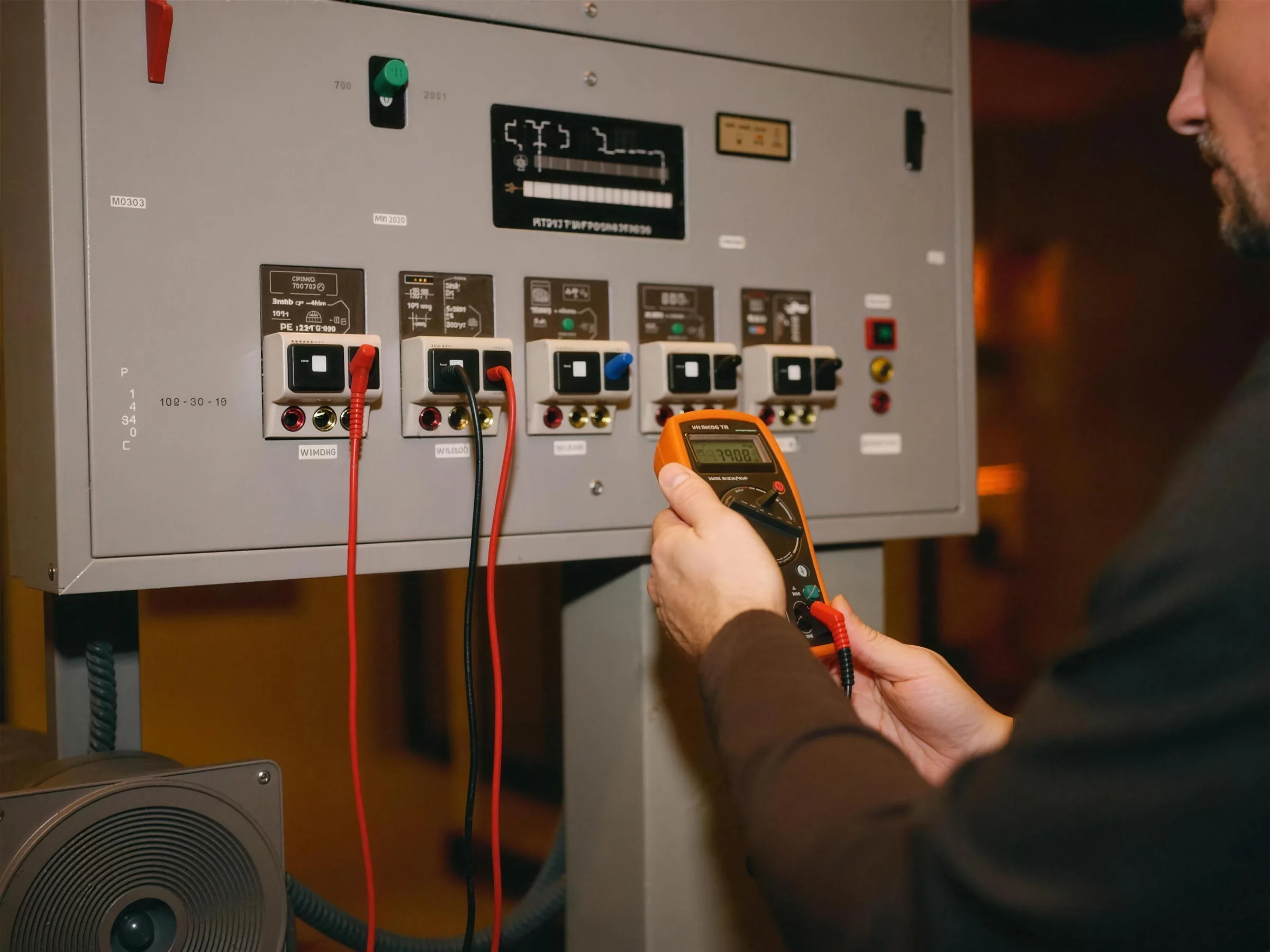 An electrician testing a three-phase distribution board with a multimeter in a warmly lit plant room.