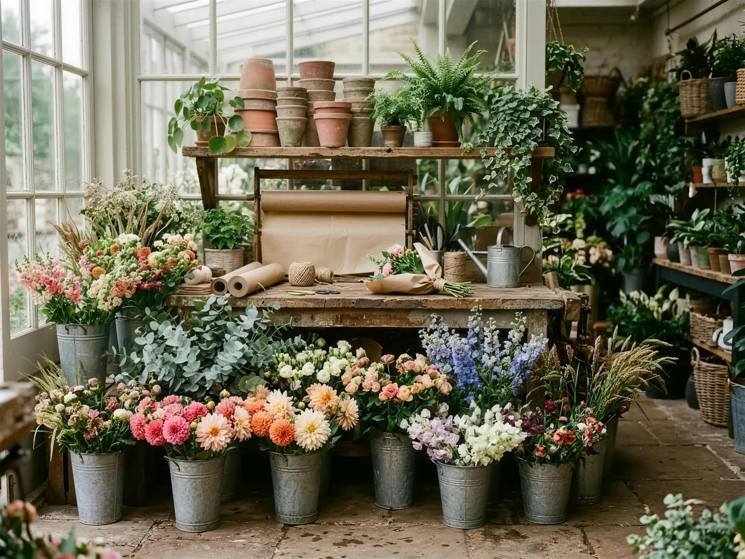 Interior of an independent florist: zinc buckets of seasonal flowers, eucalyptus, brown paper and twine on a worn workbench.