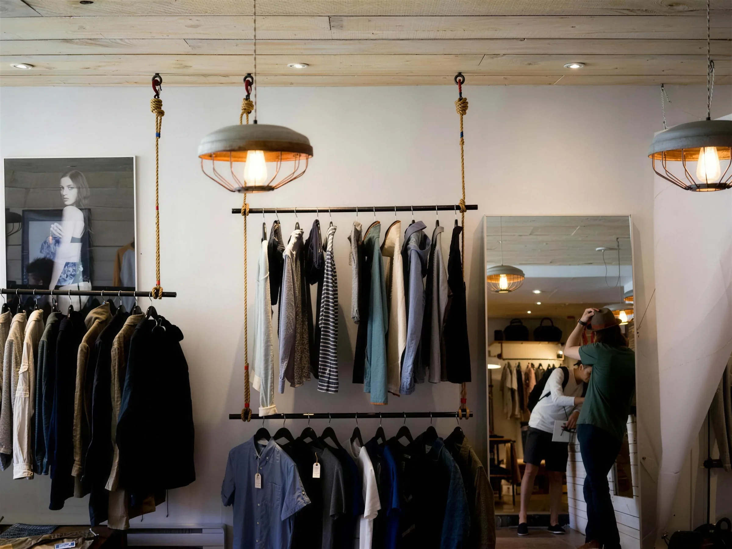 Interior of a wholesale clothing showroom: garment rails under warm pendant lighting, a buyer looking through stock at the back.