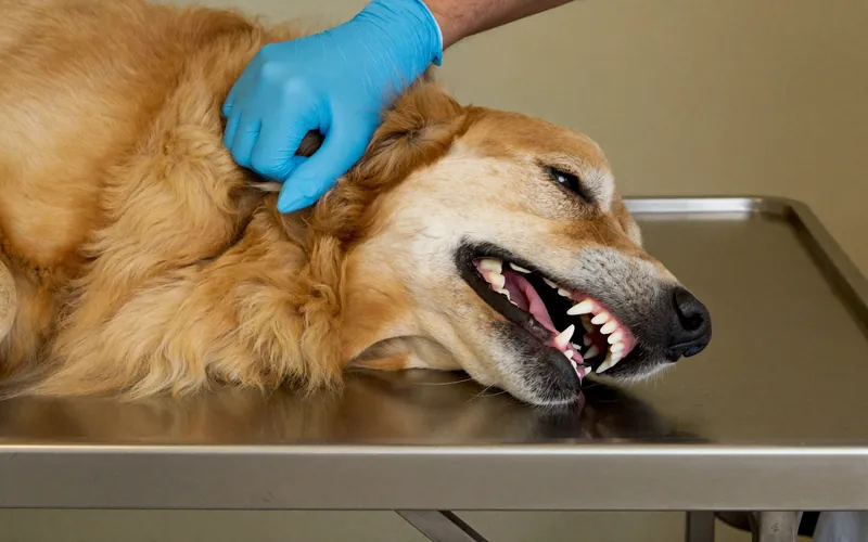 A gloved hand checking a golden retriever's teeth