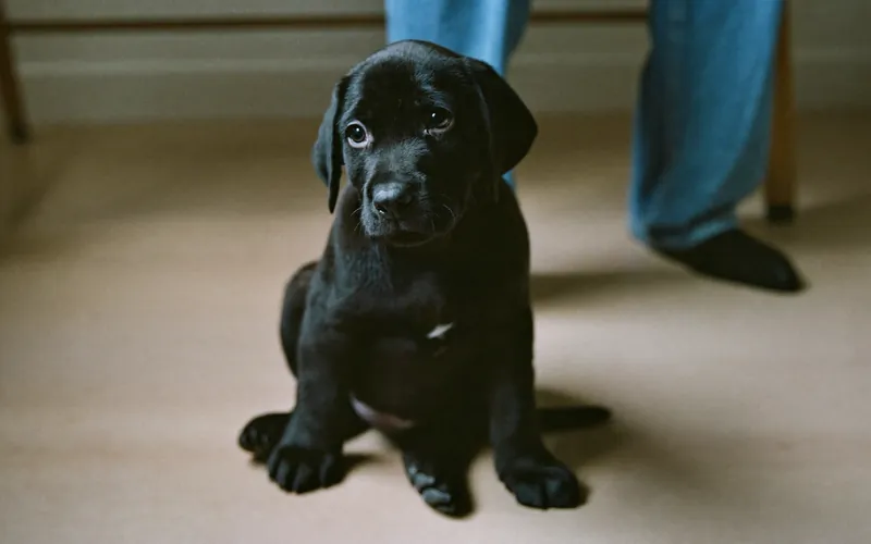 A black labrador puppy sitting on a waiting room floor