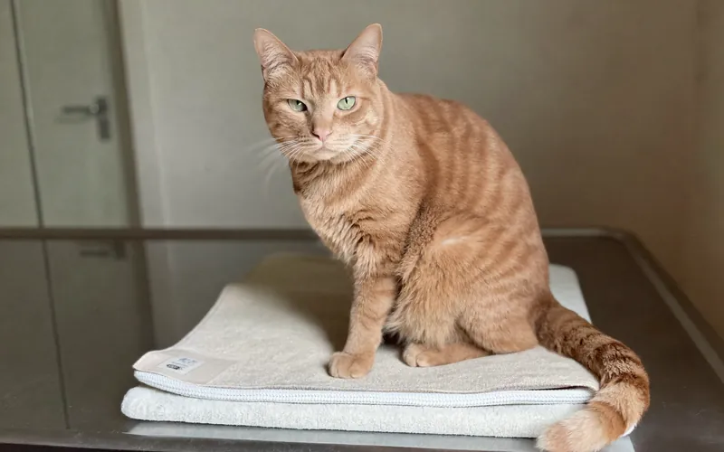 A ginger cat sitting on a blanket on an examination table