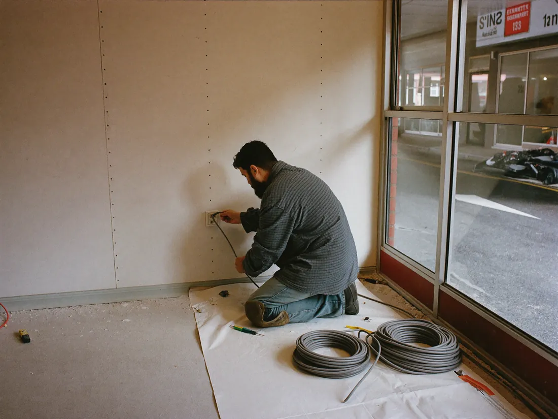 An electrician wiring a socket outlet in an empty commercial unit.