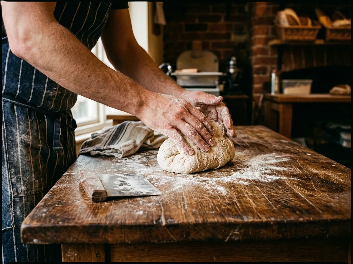 Flour-dusted hands shaping a round of sourdough on a scarred wooden bench, a bench scraper and a linen cloth beside them.
