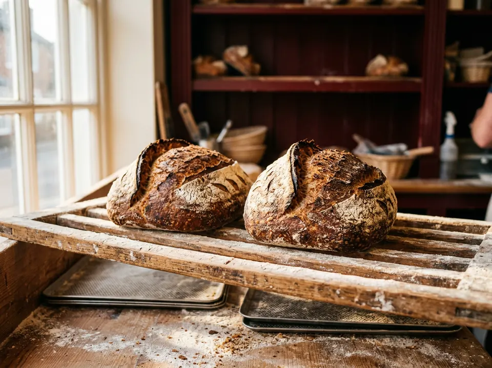 Sourdough loaves cooling on a floured wooden rack in the bakery window light.