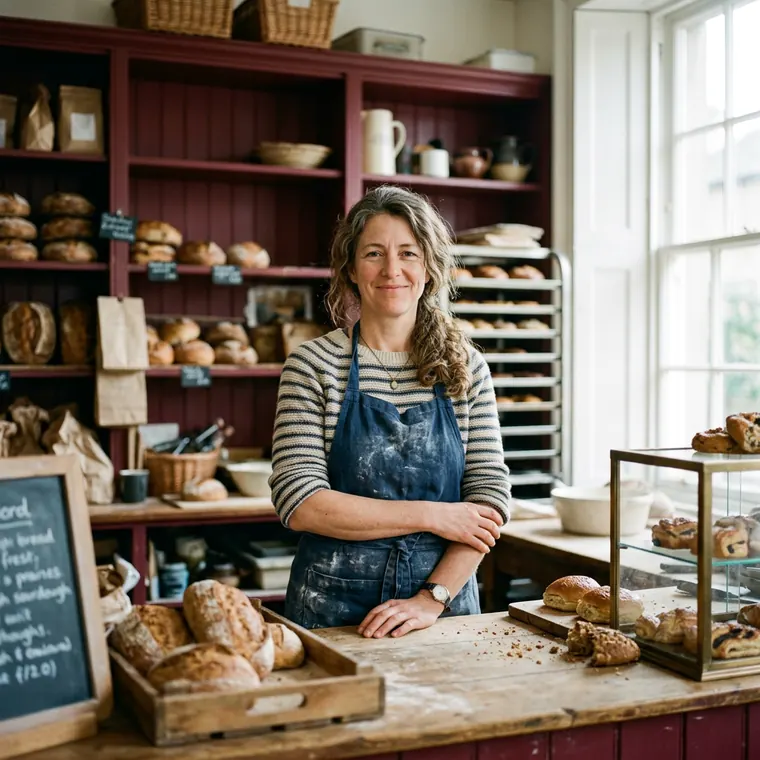 Nell Cook standing behind her bakery counter in a flour-dusted apron, arms loosely folded.