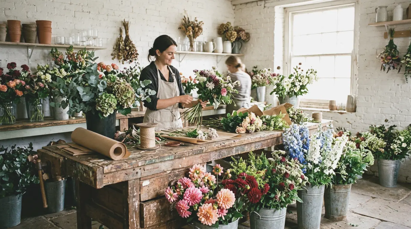 Inside the Fernworks workshop: a worn wooden bench strewn with seasonal flowers, eucalyptus and brown paper, zinc buckets of dahlias on the floor.