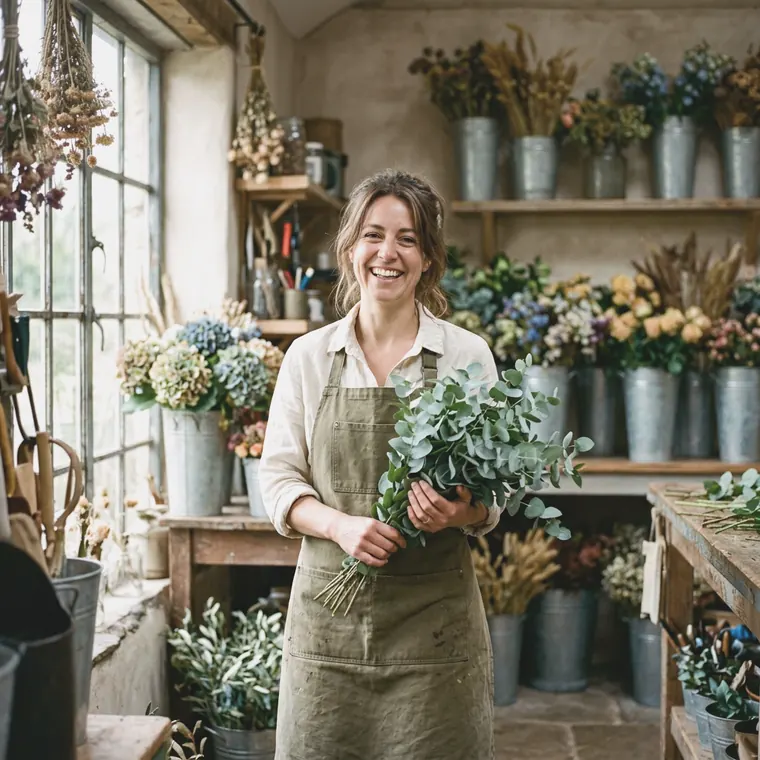 Immy Fernwood holding a bundle of eucalyptus in the Fernworks workshop.
