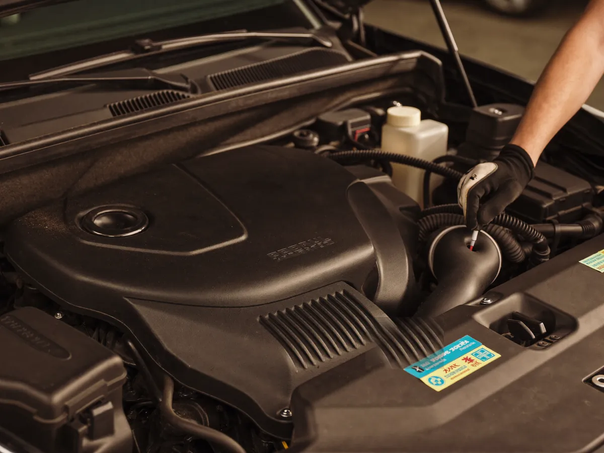 A technician checking the oil dipstick in an open engine bay