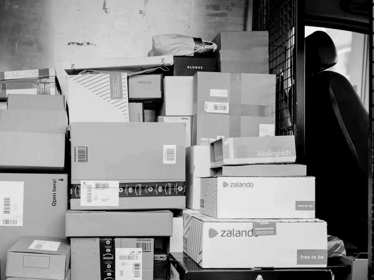 Boxed stock stacked in a warehouse.