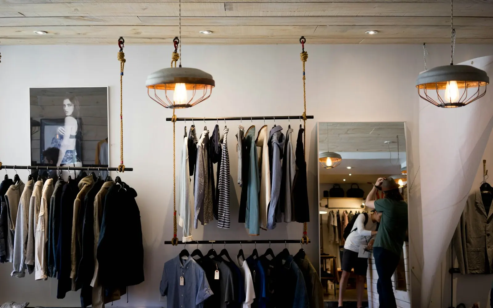 The Trafford Park showroom, rails and racking under pendant lighting.