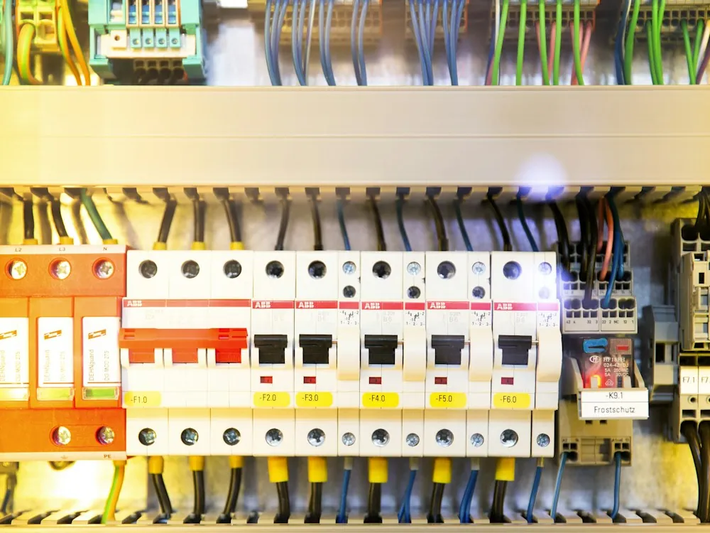 A consumer unit with breakers and wiring.