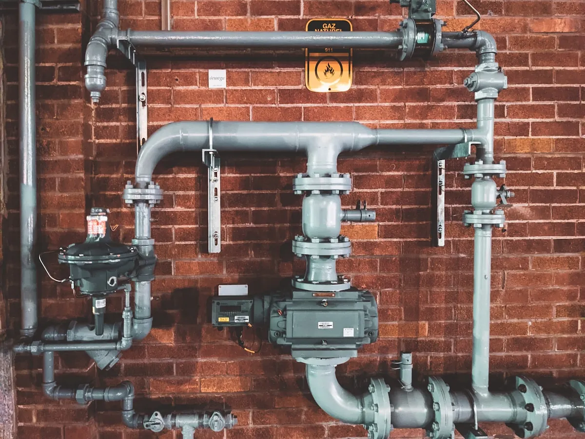 Copper and steel pipework with gas meters against a brick wall.