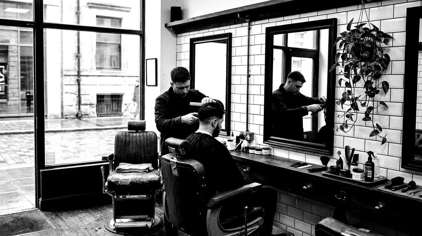 Inside Sharp House: two vintage leather barber chairs, white metro tiles, black-framed mirrors and a dark timber counter.