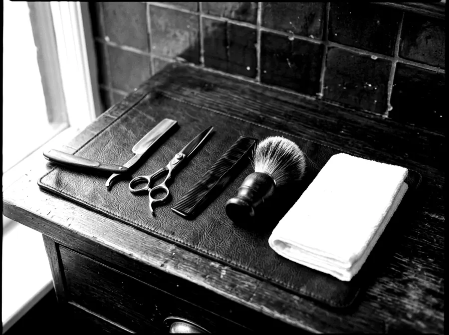 Barbering tools laid out on a dark leather mat: straight razor, scissors, comb, badger brush and a folded white towel.
