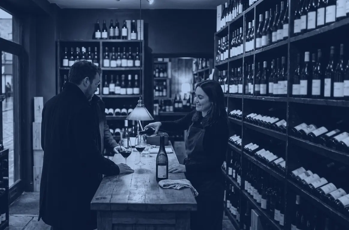 Inside The Thirsty Third at dusk: floor-to-ceiling dark timber racking full of bottles, a worn oak tasting counter, low brass lamp light.