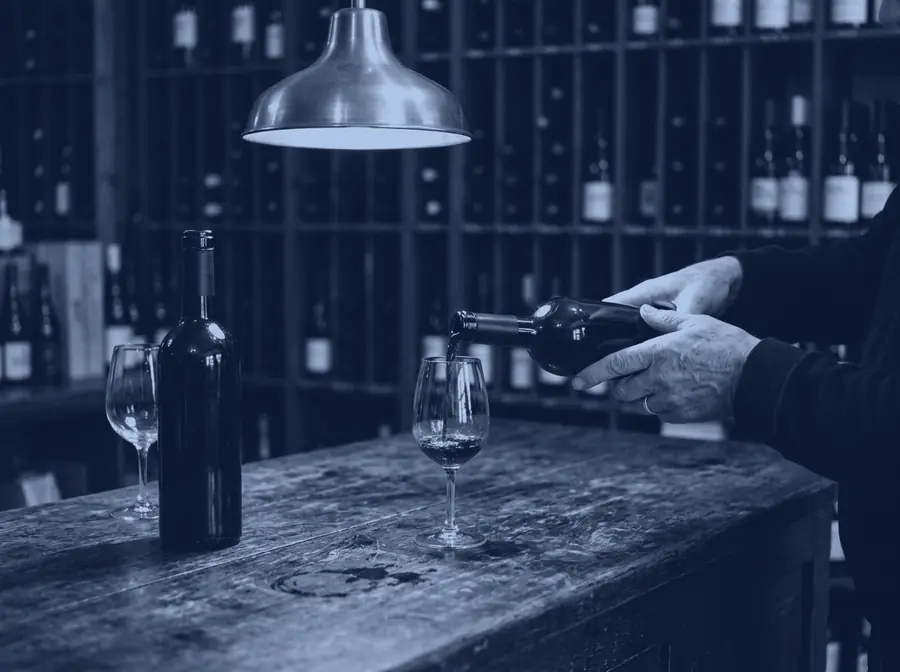 Hands pouring a taste of red wine into a stemmed glass on the oak counter.