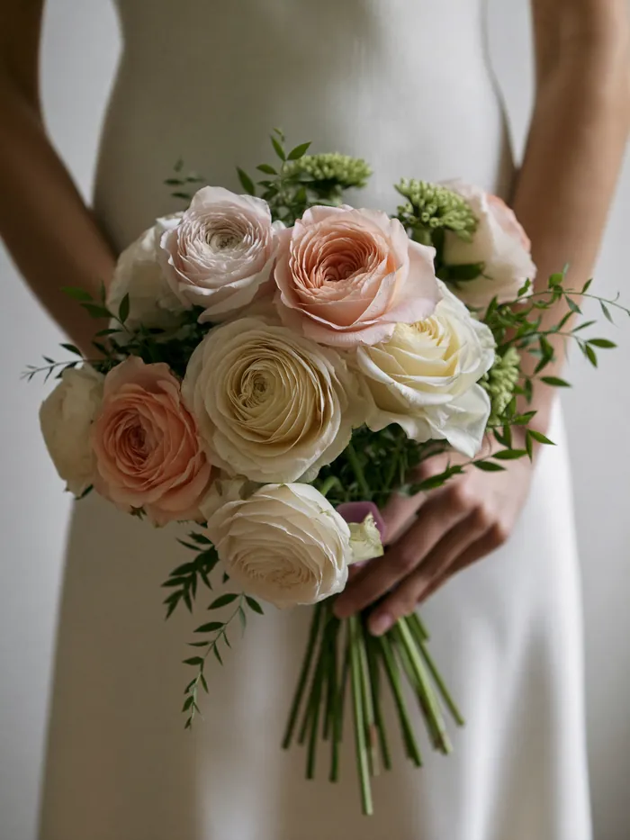 A loose garden-style bridal bouquet held at the waist
